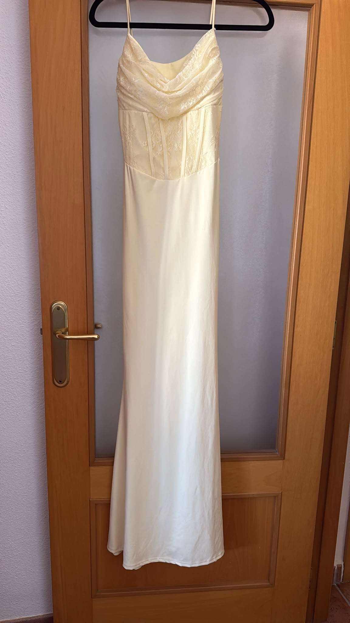 Pastel Yellow Lace Corset Cowl Neck Maxi Dress — front