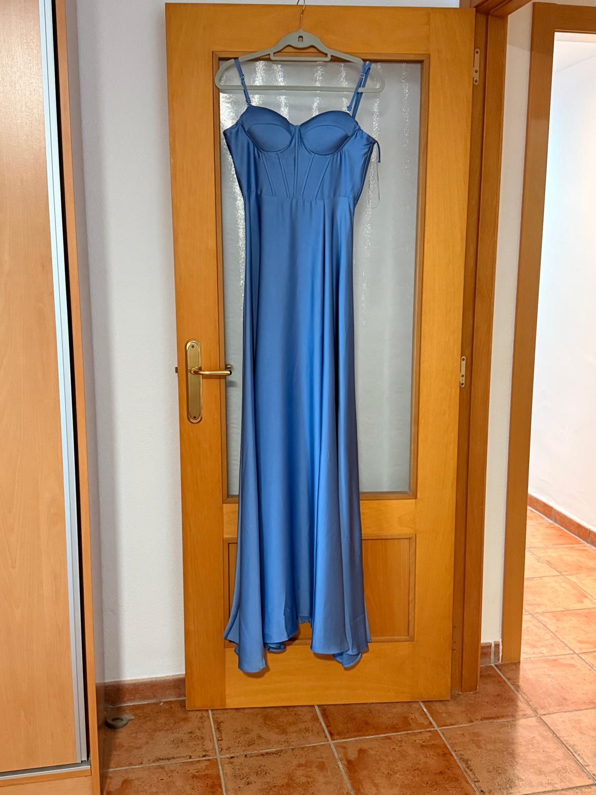 Blue Satin Corset Lace-Up Maxi Dress — front