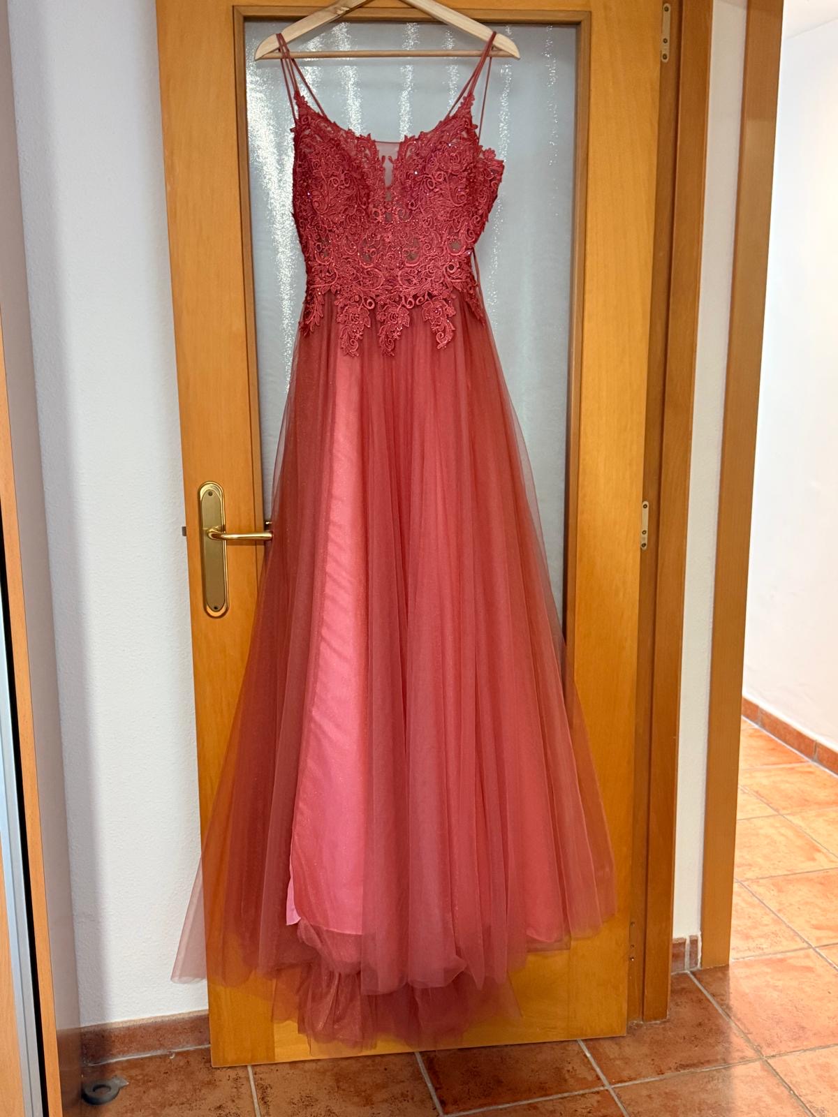 Rose Pink Lace & Tulle Maxi Evening Dress — front